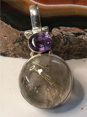 Sterling Pink Sapphire & Rutilated Quartz Pendant